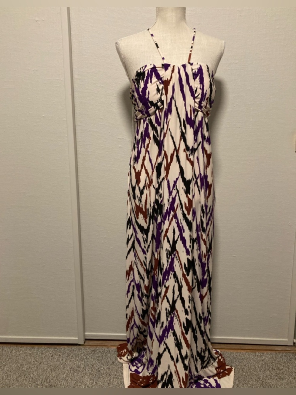 Allen B. by Allen Schwartz Strappy Abstract Maxi Dress in Ivory, Purple & Brown